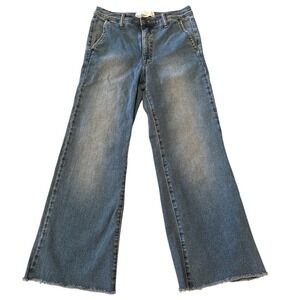 Sam Edelman Bay Flare Trouser Jeans Medium Wash Raw Hem Size 27 High Rise Denim